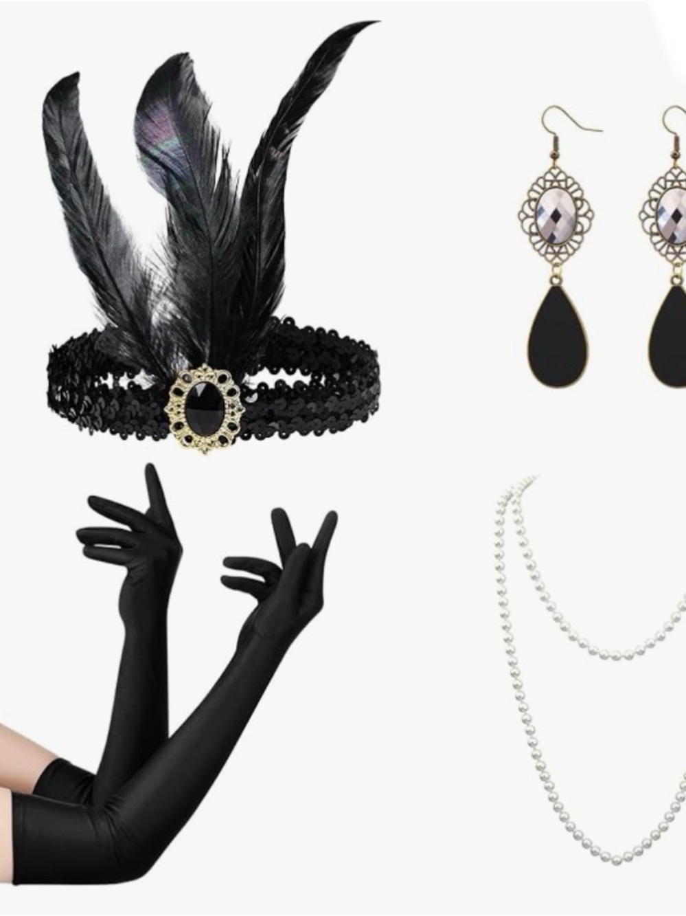 Black Feather Sequin Headband with Black Opera Gloves - Vintage Glam